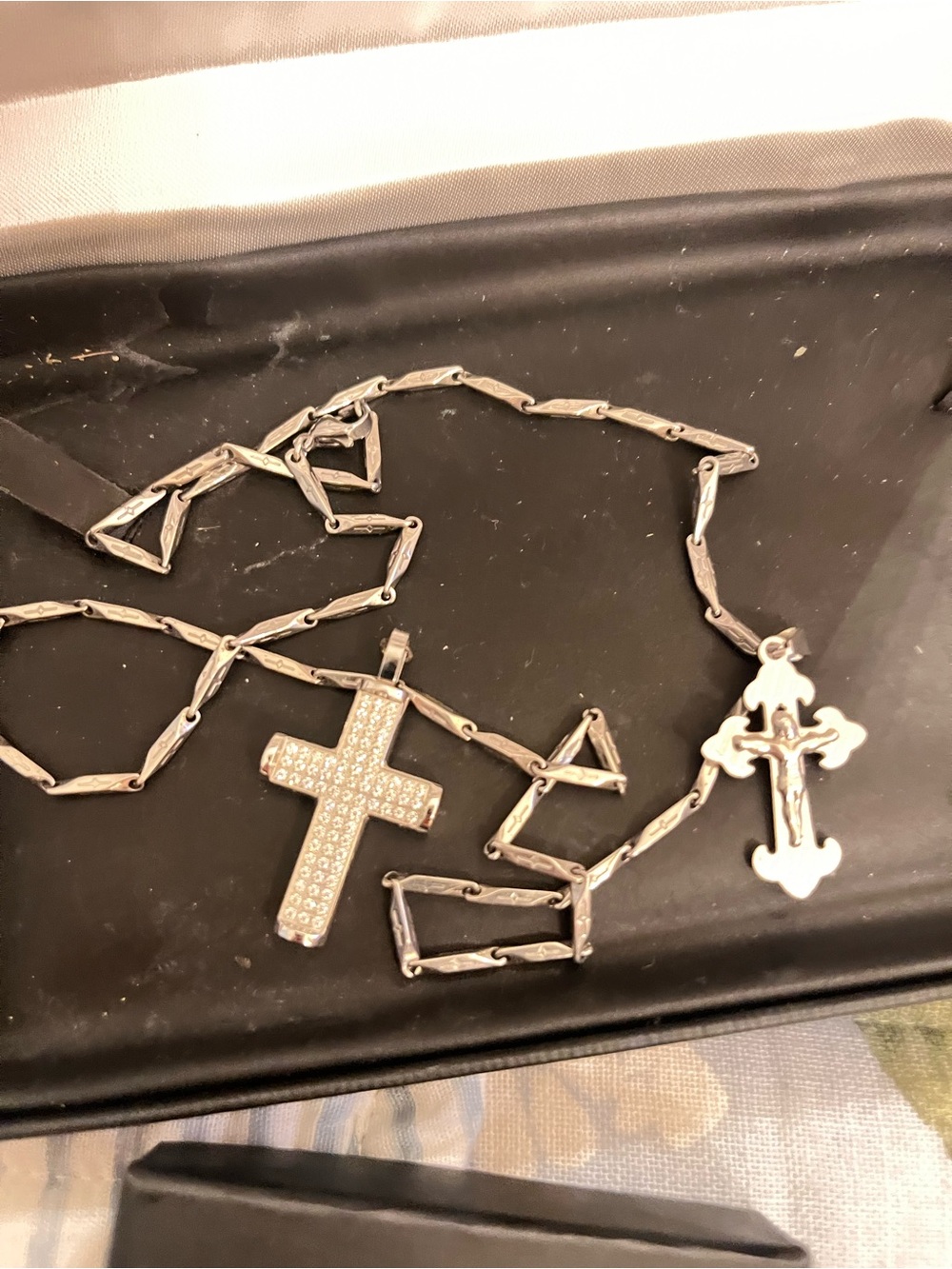 Silver Men's Cross Necklace with Rhinestone Pendant two crosses.